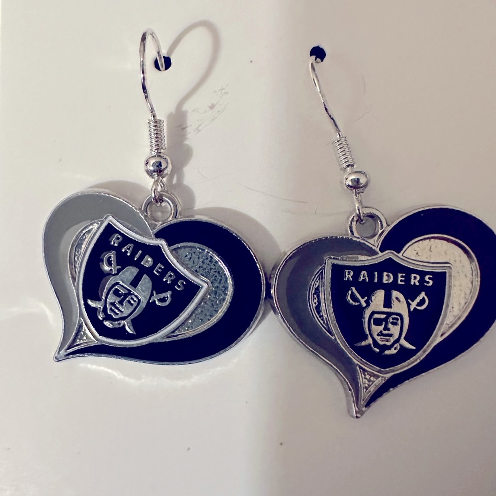 Heart shaped raiders earrings black and silver sterling silver hooks